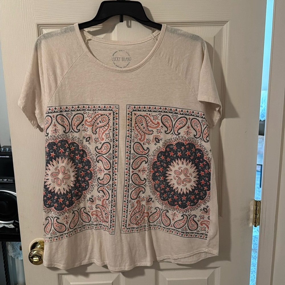 Top polyester navy orange and beige